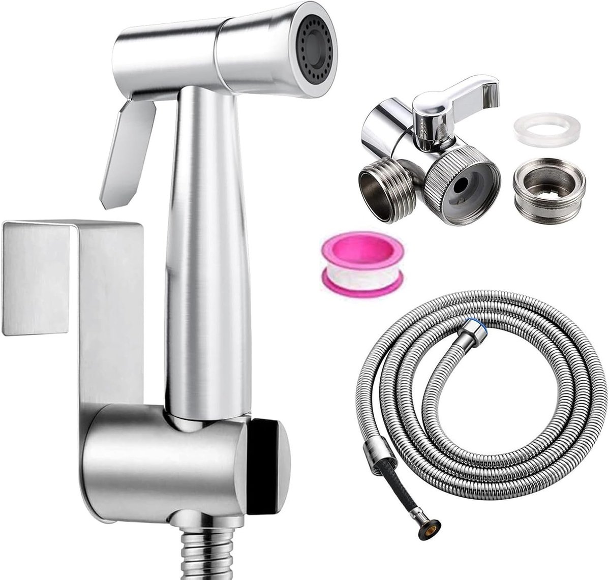 Roestvrijstalen handdouche voor bidet en toiletsproeier, inclusief kraandispenser en wandhouder voor optimale hygiëne en gebruiksgemak