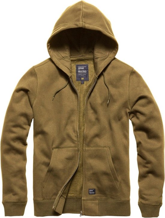Taupe gekleurde hoodie met rits en capuchon, met zakken op de voorkant. Met "VINTAGE INDUSTRIES" label.