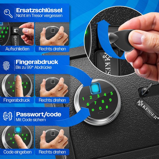 Gedetailleerde instructies voor het openen van de kluis met sleutel, vingerafdruk en code. Toont het indrukken van het toetsenbord en de vingerafdrukscanner.