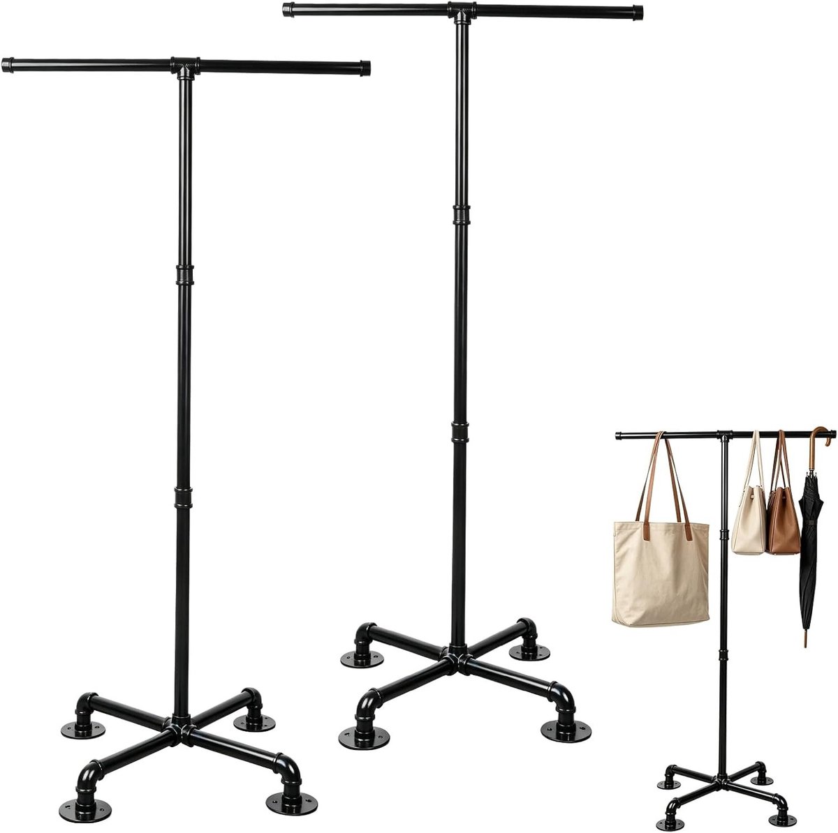 Twee metalen presentatie standaards voor handtassen, T-vormige tas houder, vrijstaande display voor tassen en accessoires in winkels en markten
