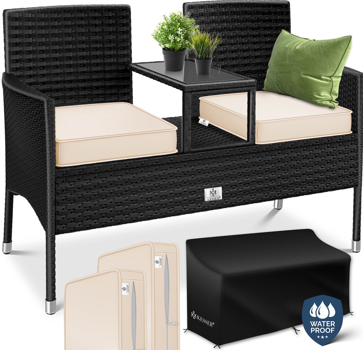 KESSER® Polyrattan tuinbank 2-zits - geïntegreerde tafel en kussens - 143 x 63 x 88 cm - zwart/beige