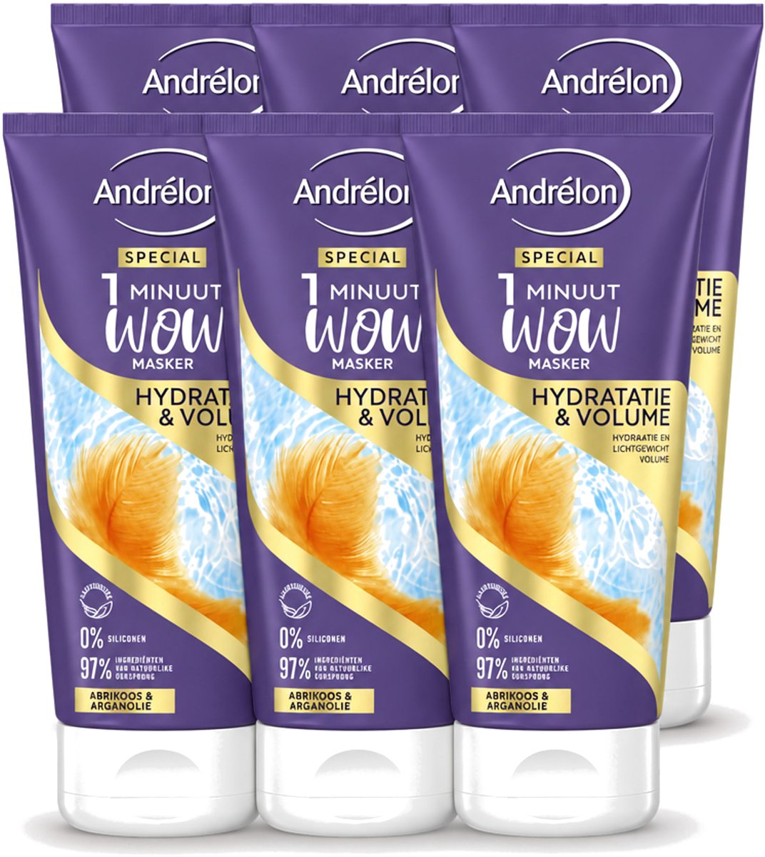 6 x Andrélon - WOW - 1 Minuut Masker - Hydratatie & Volume - 180 ml - Voordeelverpakking - 6 stuks