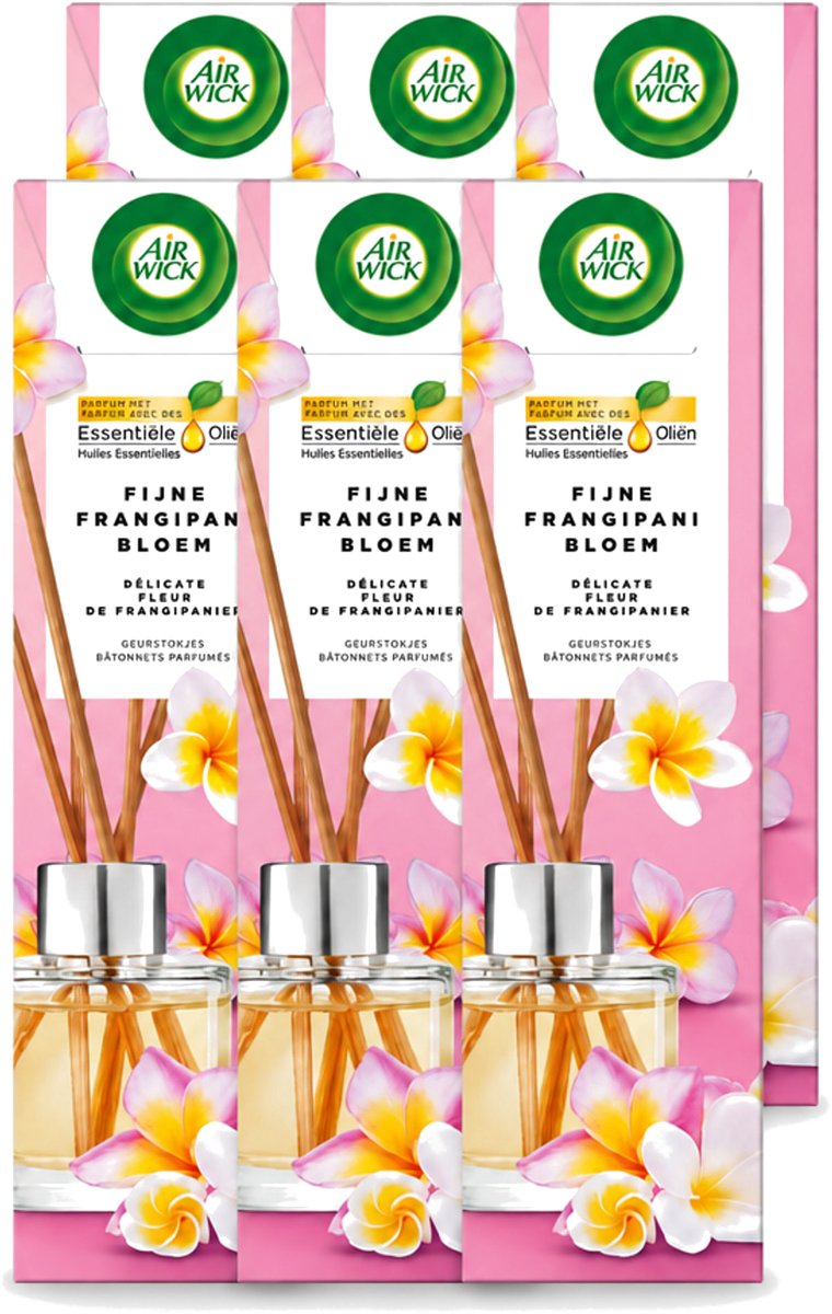 6 x Air Wick - Geurstokjes - Delicate Frangipani Bloemen - Essentiële Oliën - 40 ml - Voordeelverpakking - 6 stuks