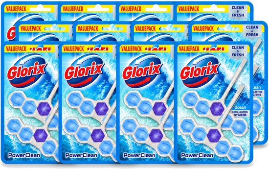 Voordeelverpakking met 12 Glorix PowerClean Ocean toiletblokken in blauw-paars design met frisse geur.