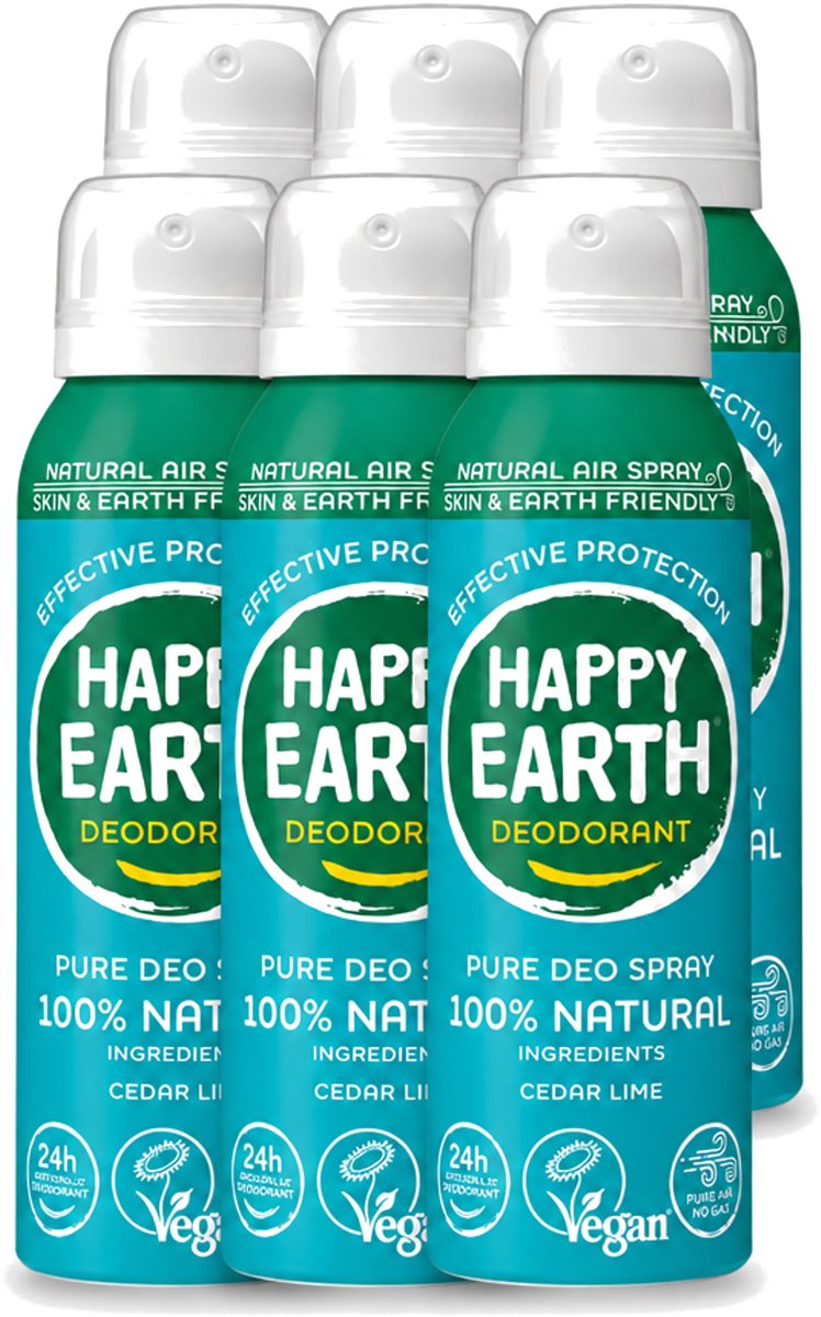 6 x Happy Earth – Deodorant Natural Air Spray – 100% Natuurlijk Cedar Lime – 100 ml - Voordeelverpakking - 6 stuks
