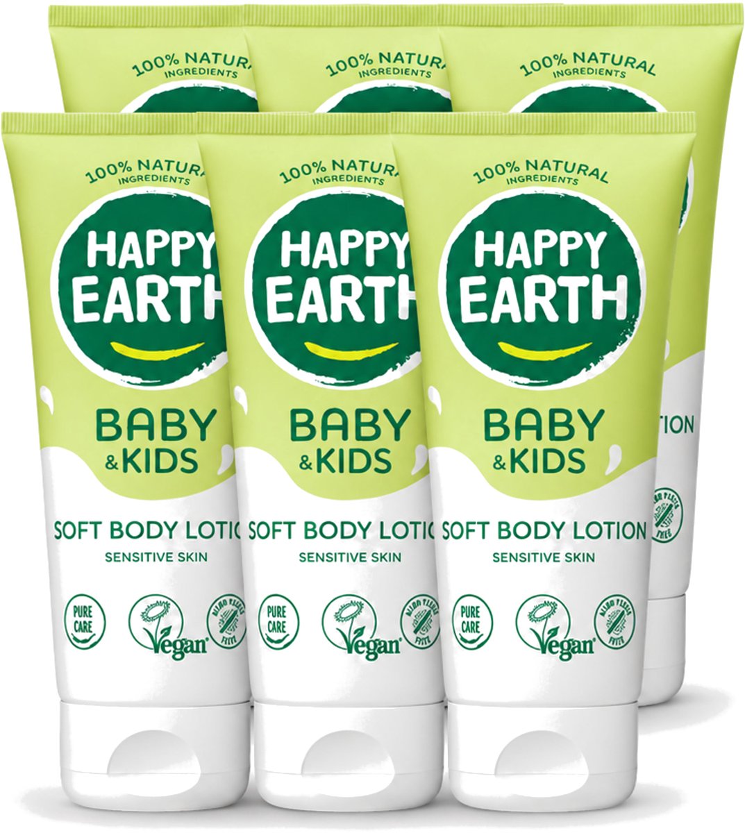 6 x Happy Earth – Bodylotion – 100% Natuurlijk Baby & Kids – 200 ml - Voordeelverpakking - 6 stuks