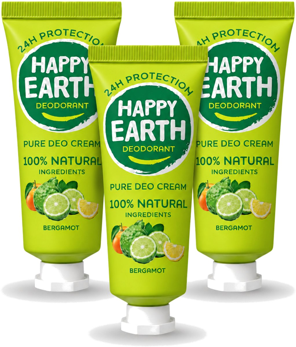 3 x Happy Earth – Deodorant Cream – 100% Natuurlijk Bergamot – 40 ml - Voordeelverpakking - 3 stuks