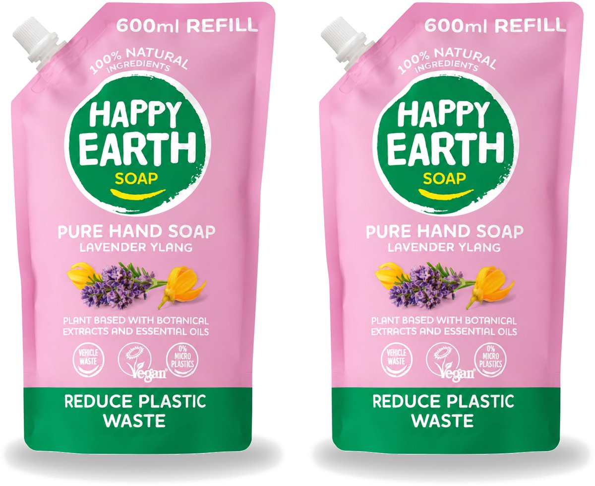 2 x Happy Earth – Handzeep Navulling – 100% Natuurlijk Lavender Ylang – 600 ml - Voordeelverpakking - 2 stuks