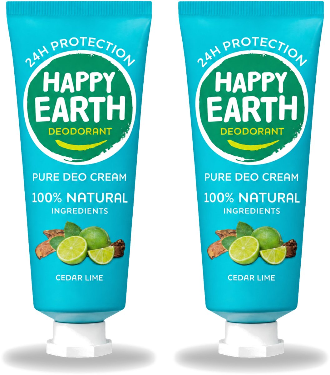 2 x Happy Earth – Deodorant Cream – 100% Natuurlijk Cedar Lime – 40 ml - Voordeelverpakking - 2 stuks