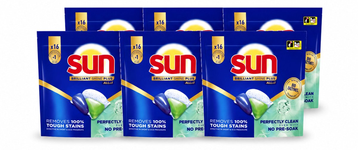 6 x Sun – Vaatwascapsules – Brilliant Shine+ All-in-1 – 16 capsules - Voordeelverpakking - 6 stuks