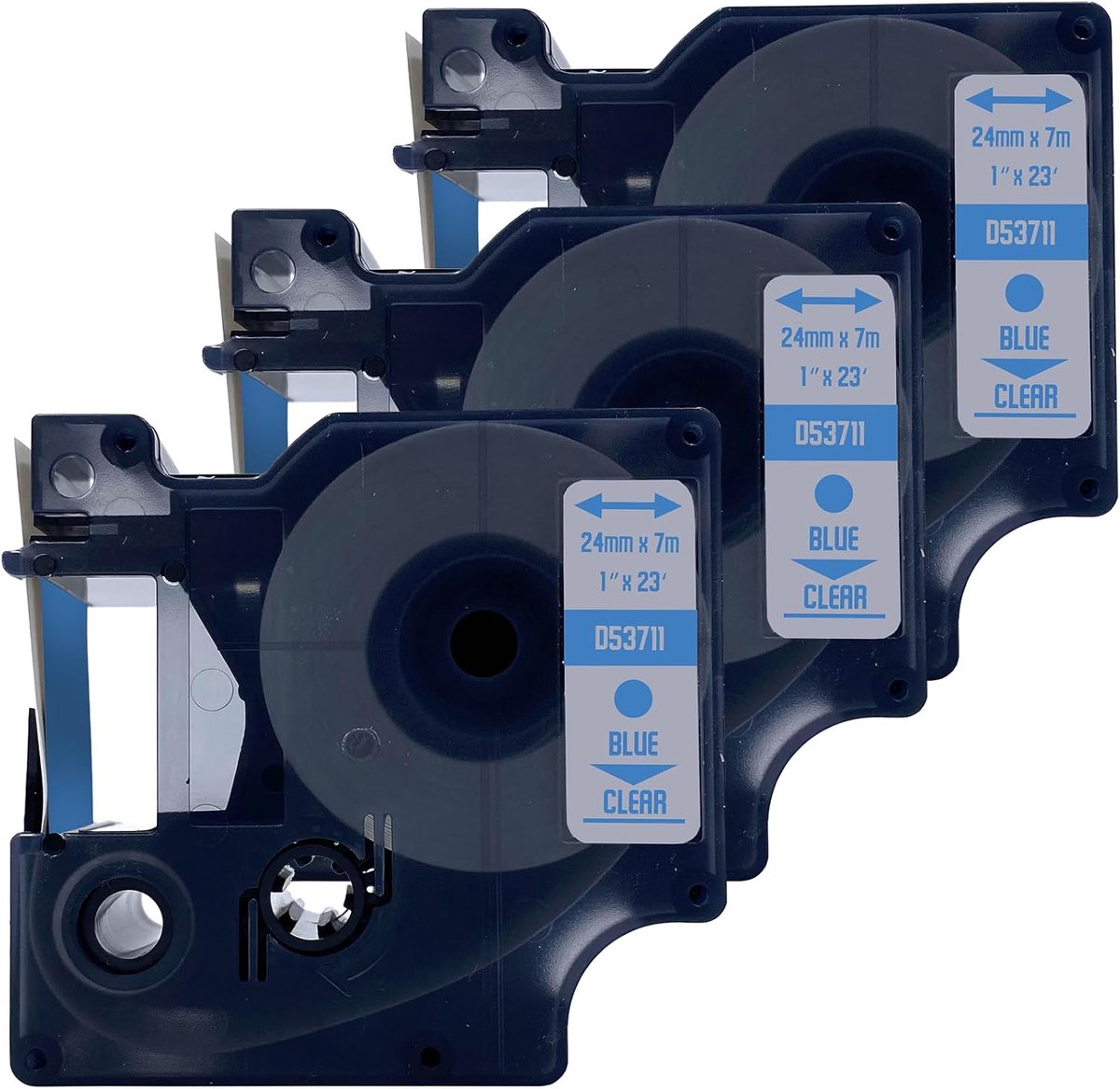 Label tape 24mm x 7m - blauw op transparant - permanent plakkend - geschikt voor Dymo - ShopVlot