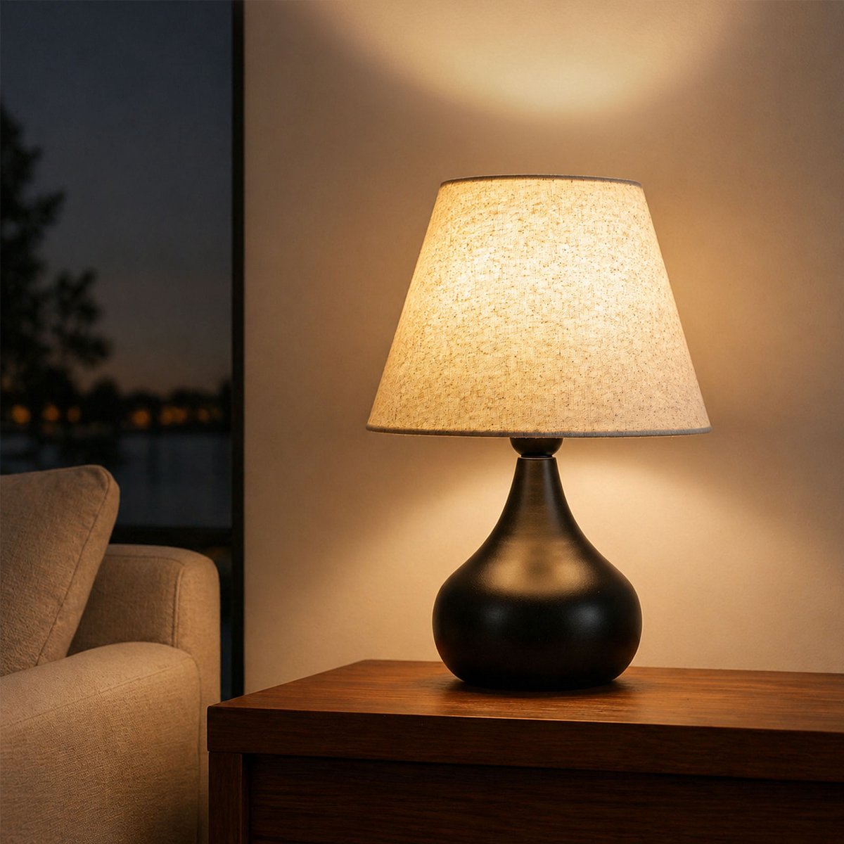 Lemlit Tafellamp E27 - Moderne Nachtlamp met Linnen Lampenkap, Zwarte Metalen Voet, Bedlamp voor Slaapkamer Woonkamer - Zwart/Beige