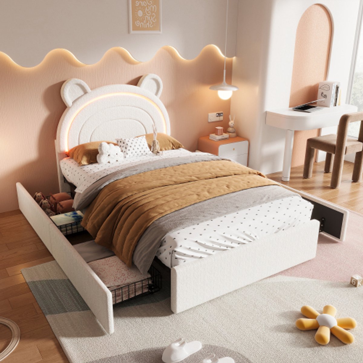 Zubaliya Beige Fluwelen Kinderbed 90x200 cm met Beren Hoofdbord - Eenpersoonsbed & Jeugdbed met App-Gesteurde LED Verlichting & 4 Lades - Beige