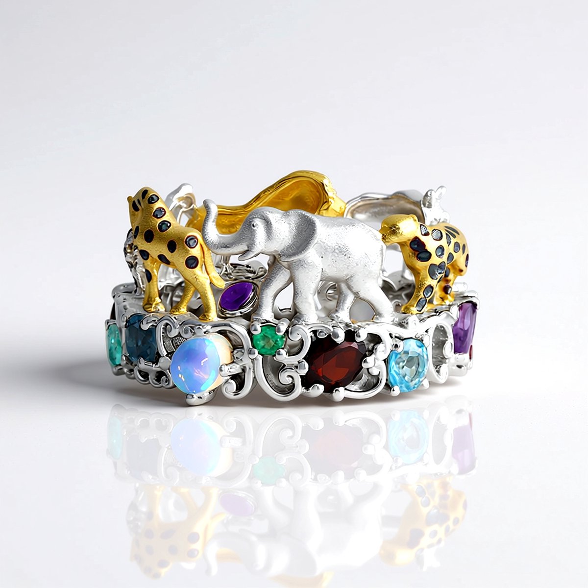 Cavill - Zilveren Dierenring - 925 Sterling Zilver met Palladium - 1,93 ct Amethist, Tanzaniet & Welo-opaal - Elegante Kleurrijke Edelstenen