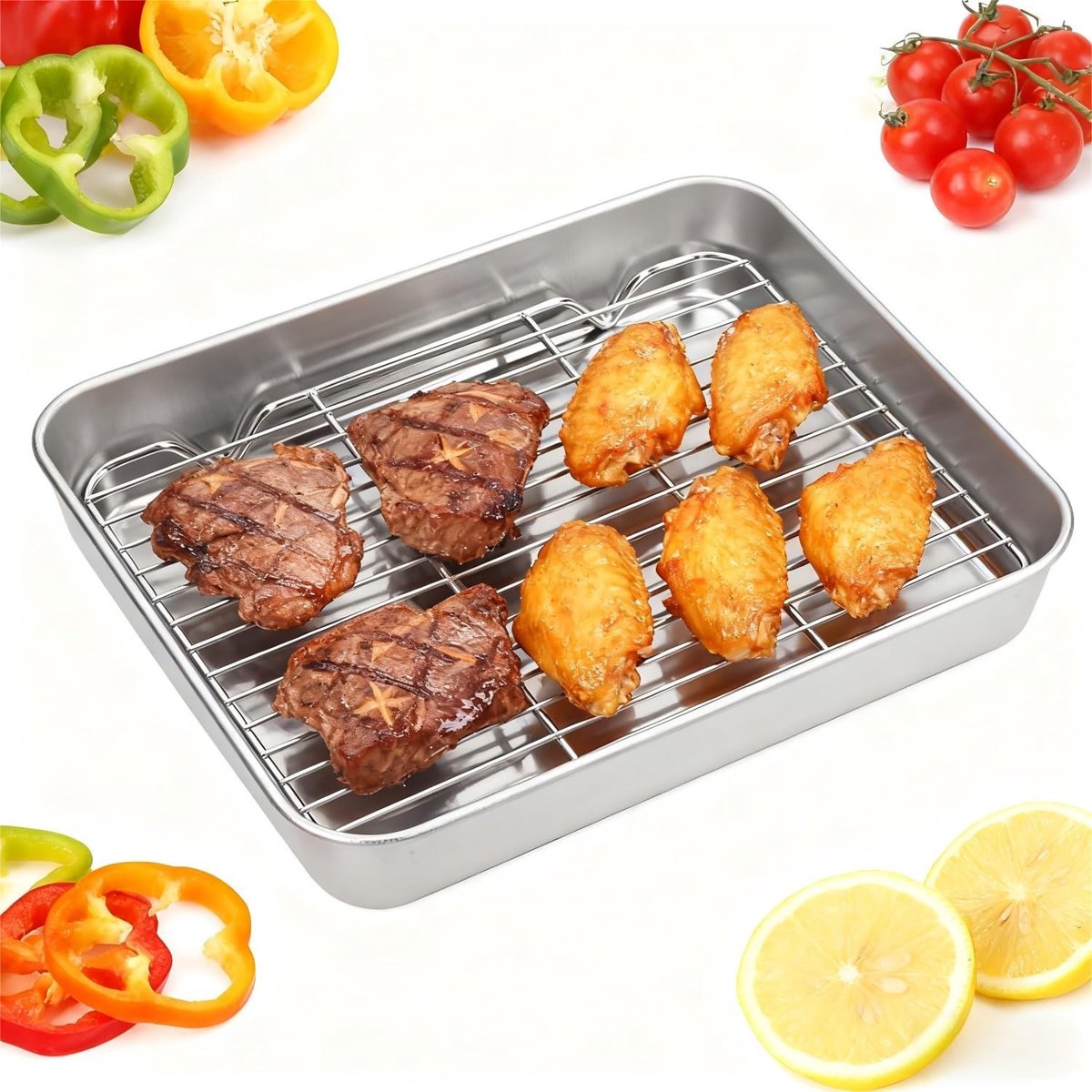 Vierkante ovenpan met rooster, roestvrijstalen bakplaat met uitneembare inzet, ideaal voor grillen en bakken (23,5 x 17,5 x 5 cm)