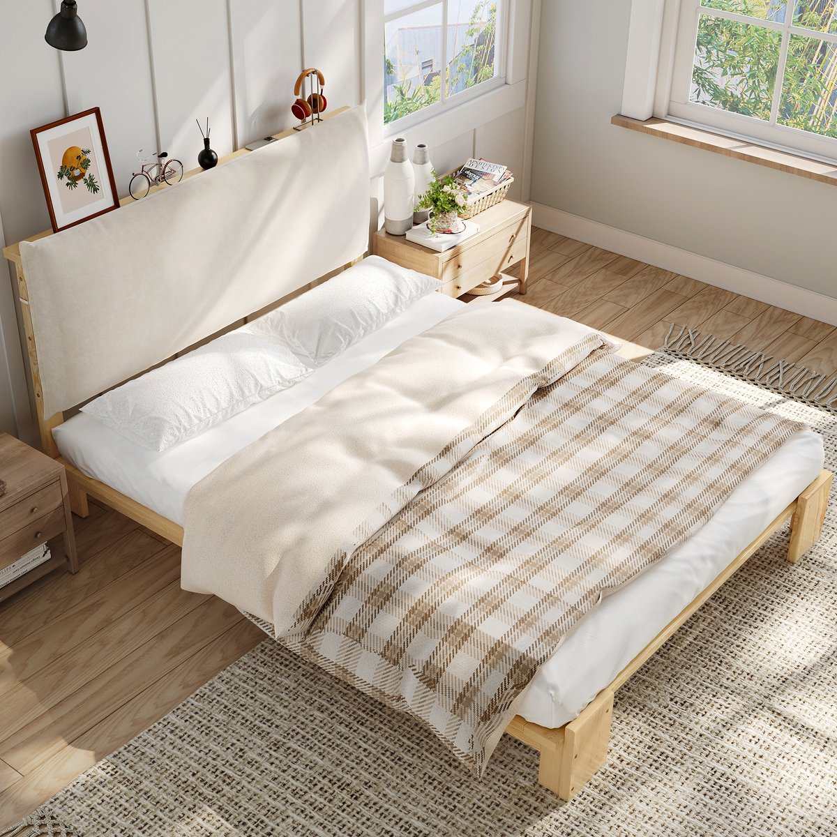 WUVRIE Gestoffeerd bedframe 140x200 cm met lattenbodem en gewatteerde rugleuning, naturel