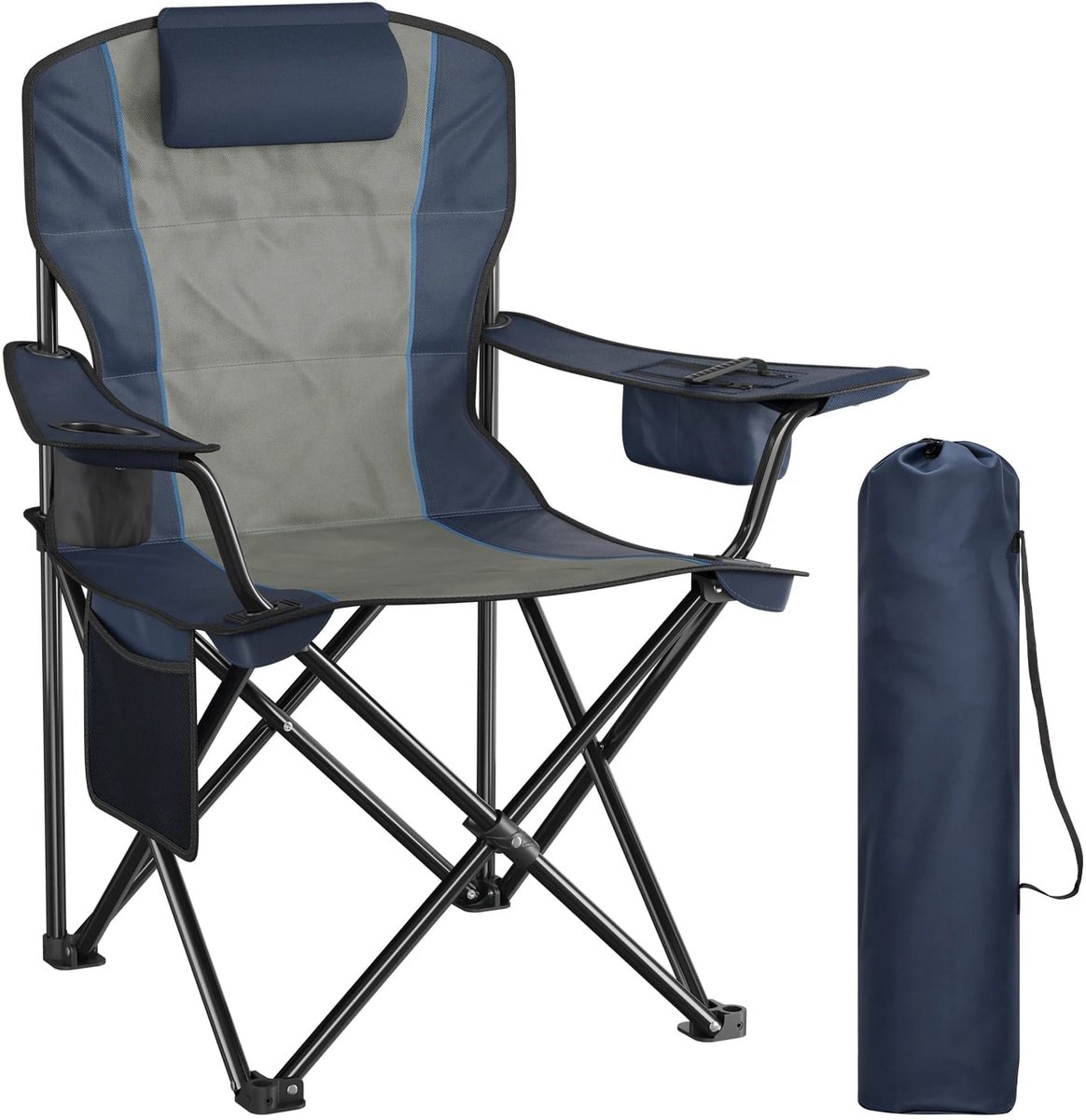 Klarven® Campingstoel Donkerblauw - Campingstoel Opvouwbaar - Campingstoelen - Campingstoelen Opvouwbaar - Met Hoofdsteun, Lichtgewicht En Stevig Frame - Inclusief Koeltas En Drinkhouder - B63xD93xH100cm