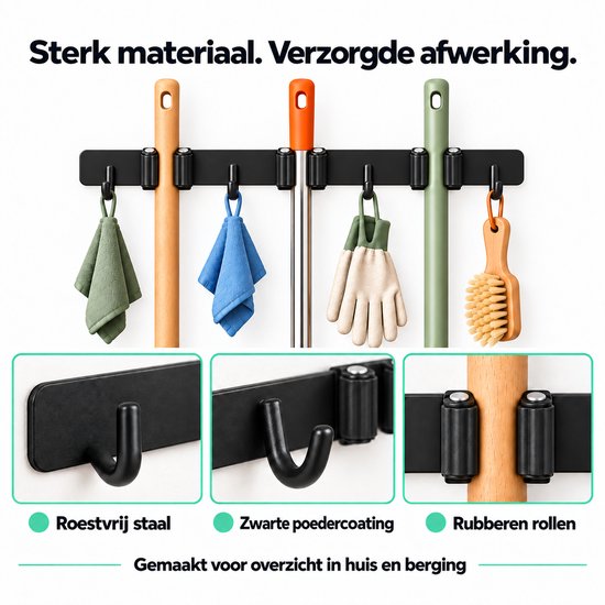 Volcan Bezemhouder - Bezem Ophangsysteem Tuingereedschap - 3 Houders 4 Haken - 3M Tape - Gereedschapshouder - RVS Zwart van Volcan — afbeelding 5
