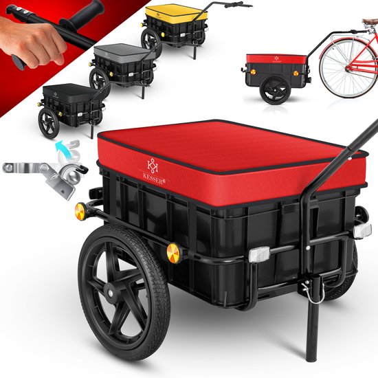 Zwarte bakfietskar met rode deksel, gele en grijze opties getoond. Ook fiets met aanhanger.