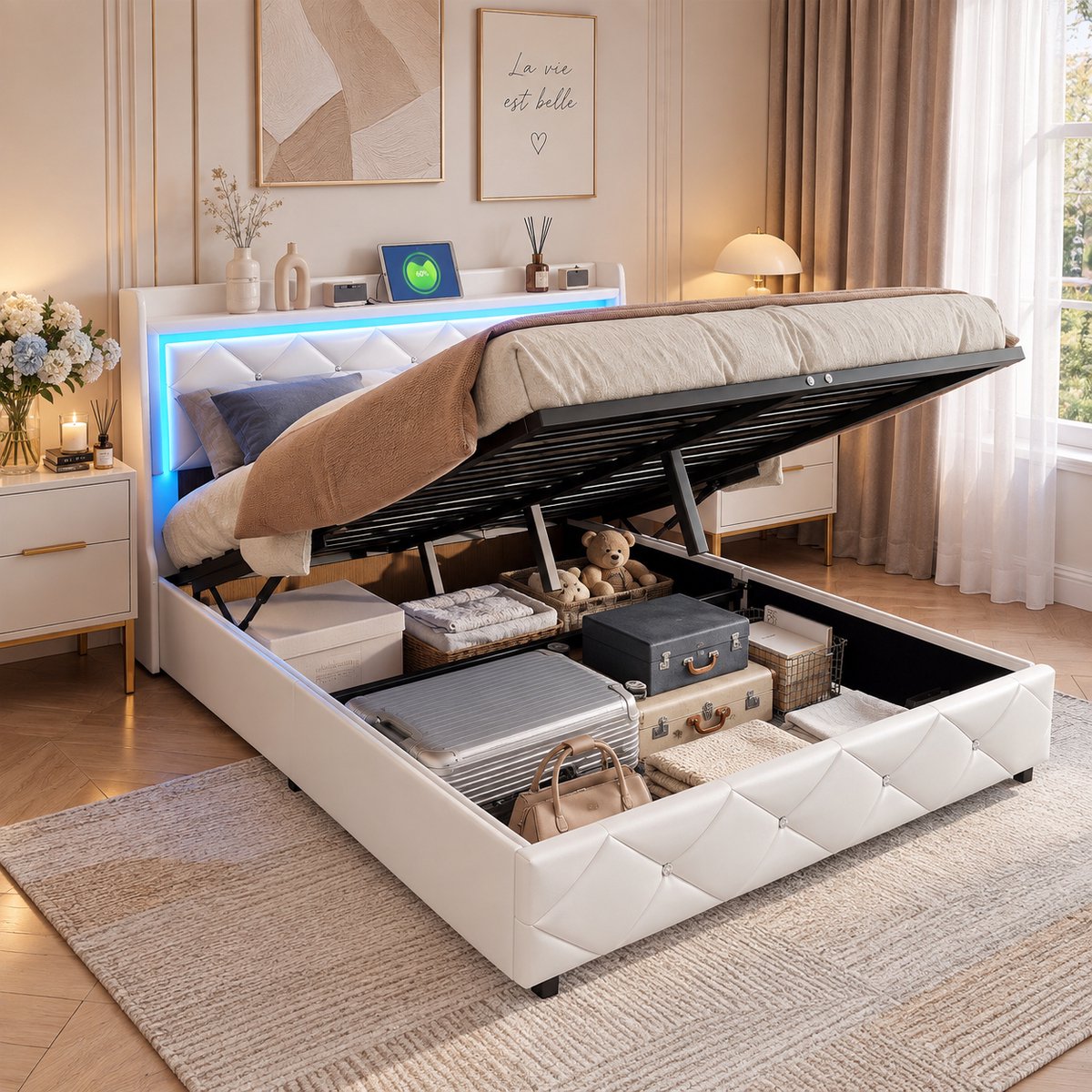 MEXUS Opbergbed 140x190 cm met hydraulische opbergruimte, tweepersoonsbed met led- en usb-poorten, bed met lattenbodem en gestoffeerd hoofdbord, bedframe 140x190 cm, wit PU