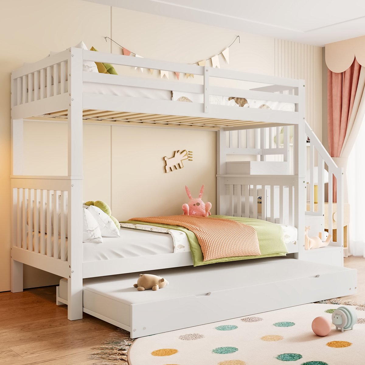MIVRAY Stapelbed 90x200 cm - Met Uitschuifbed, Opbergtrap en Hoge Uitvalbeveiliging - Zonder Matras - Hout en MDF - Wit