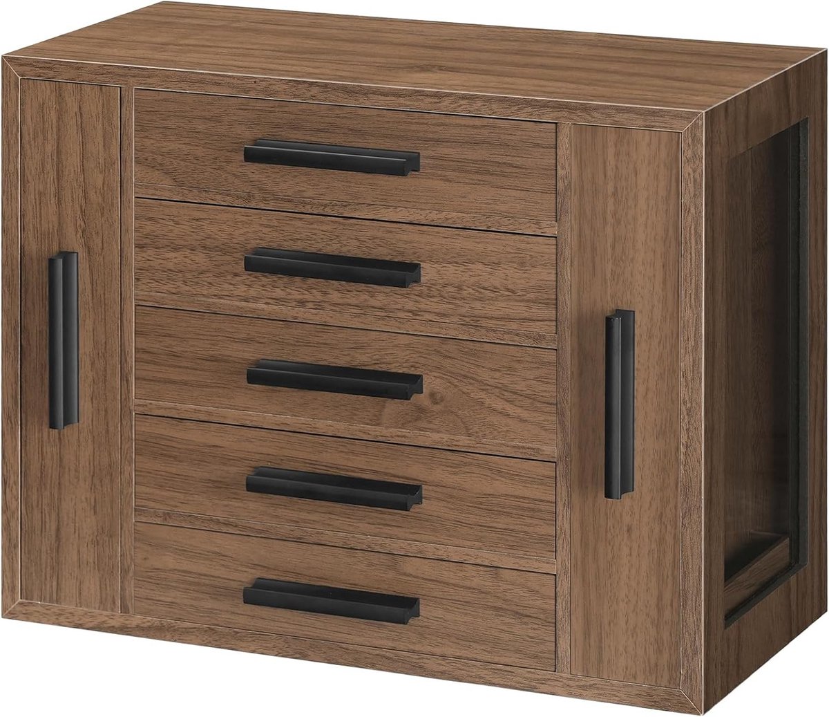 5-laagse Sieradenbox van MDF met Kijkvenster en 2 Verticale Lades, Ideaal voor Oorbellen, Kettingen en Ringen, Luxe Sieradenopslag in Walnootkleur