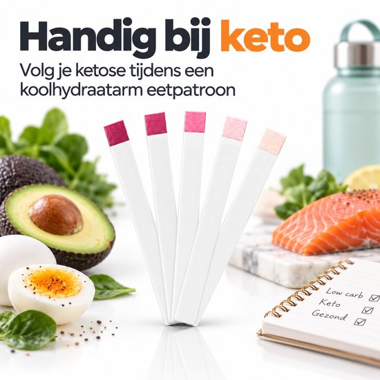 Vijf teststrips, van donkerroze tot lichtroze, met op de achtergrond avocado, zalm, eieren en een notitieboekje.