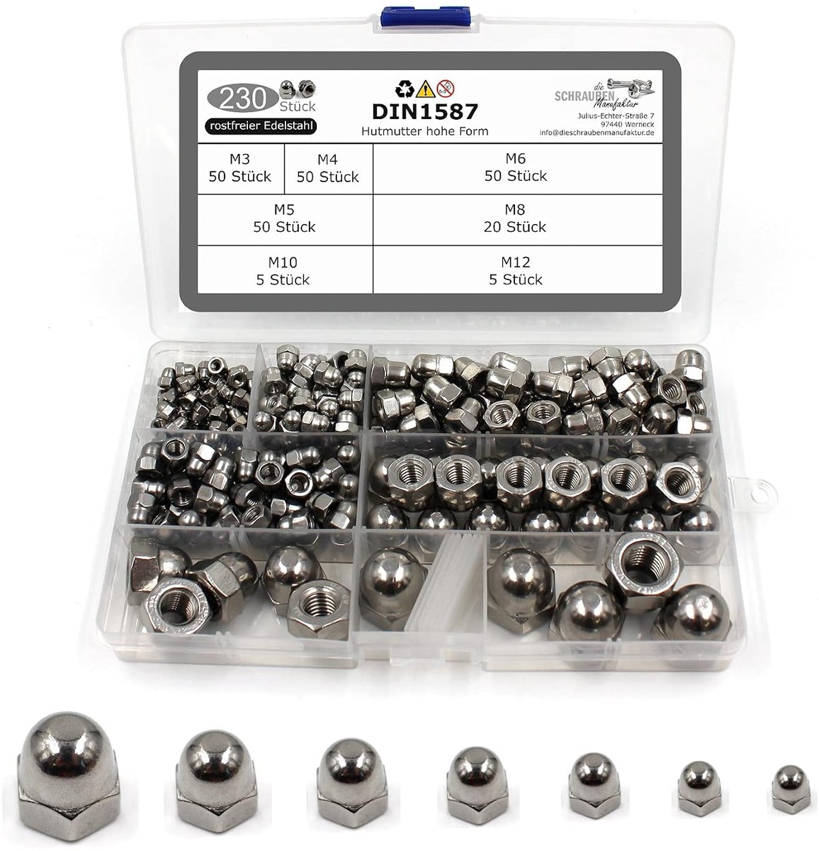 230-piece hat nut set high shape according to DIN 1587 stainless steel A2 V2A hex nuts sizes M3 M4 M5 M6 M8 M10 M12 - ShopVlot