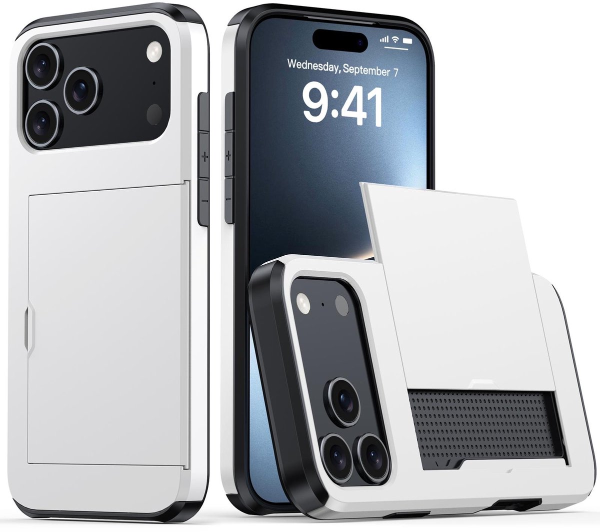 Shockproof Armor Case voor de Apple iPhone 18 Pro met Kaartslot - Wit