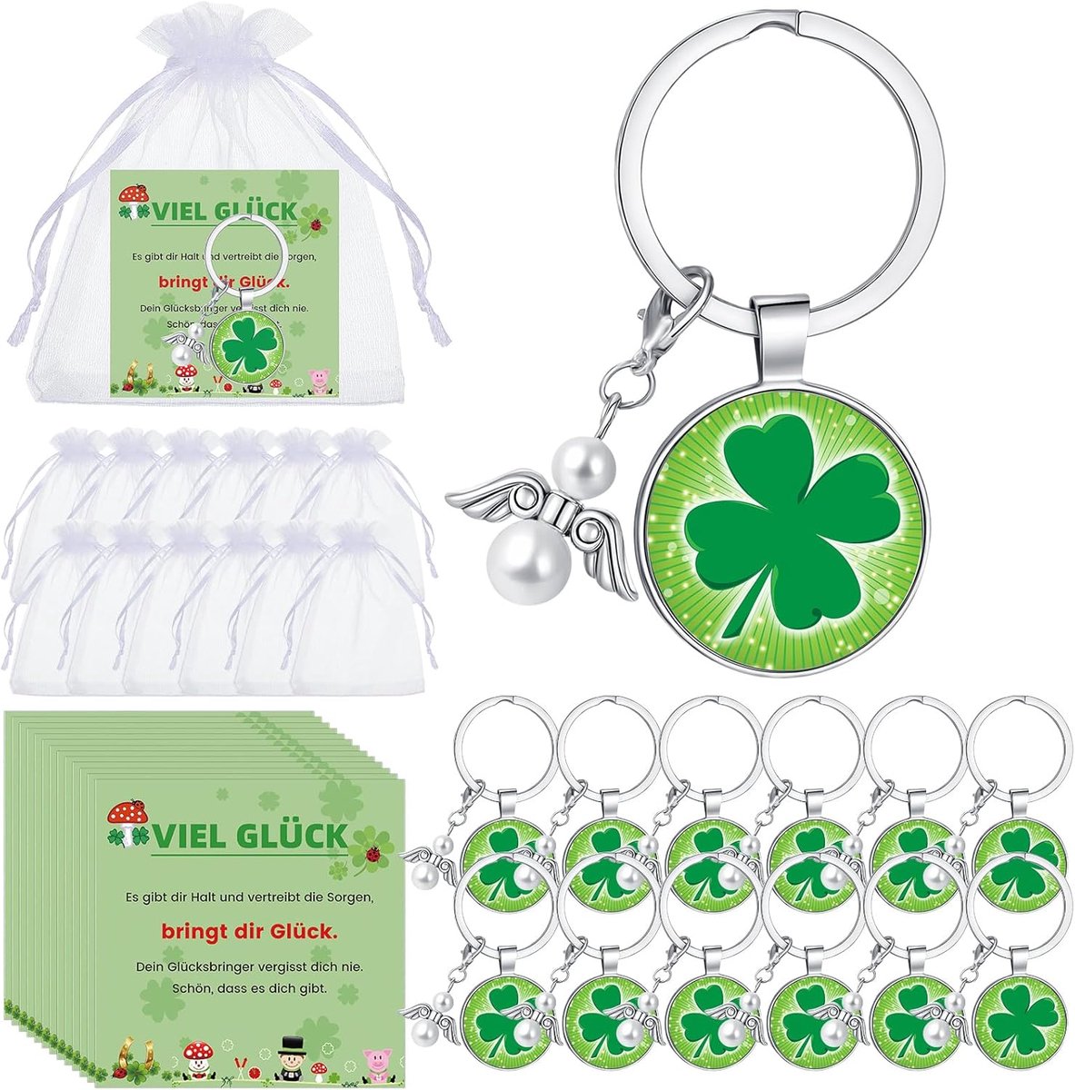Kasyat Set of 12 lucky gifts, including 12 lucky charms, key chains, 12 angel keyrings, 12 greeting cards and 12 white - ShopVlot