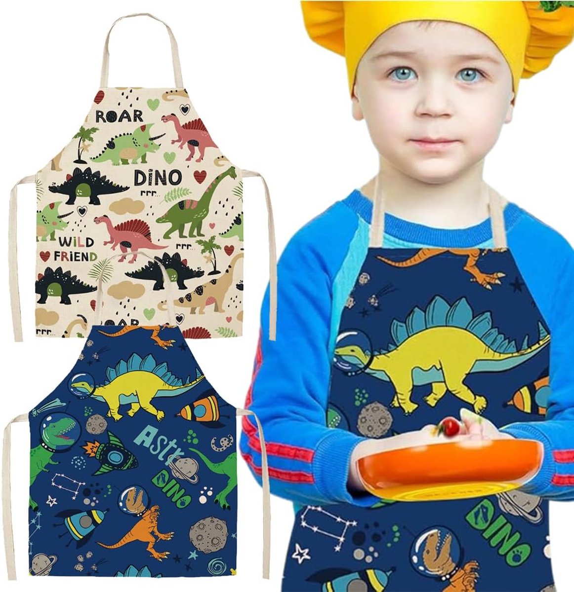 2 x Children's Apron Children's Cooking Apron Painting Apron for Children Dinosaur - ShopVlot
