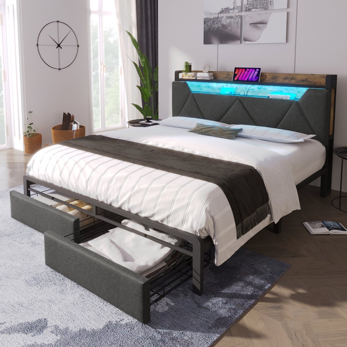 AURA LUMEN Gestoffeerd bed-Tweepersoonsbed-160 x 200 cm-Bed met opbergruimte-Kopfteil met LED en USB-Type-C-Grijs