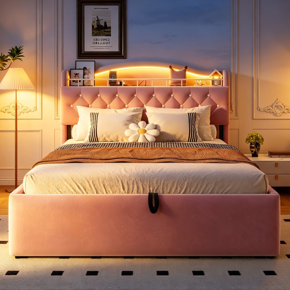 AURA LUMEN Gestoffeerd bed-Twijnfelaarbed-140 x 200 cm-Hydraulisch opbergbed-Bed met LED-kopfteilbeleuchtung-USB en USB-C-aansluitingen-Rosa-Zonder matras Roze