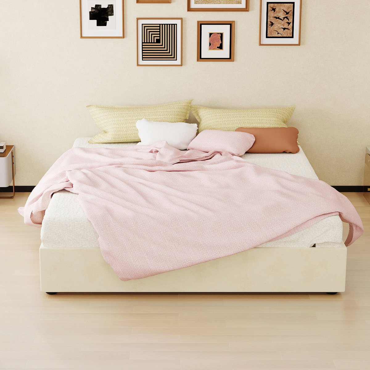 AURA LUMEN Gestoffeerd bed-Tweepersoonsbed-160 x 200 cm-Gasveer bed-Bed met opbergruimte-Beige-Met matras