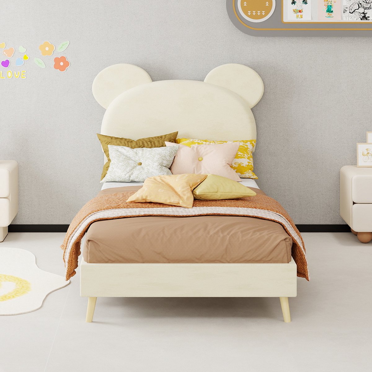 AURA LUMEN-Gestoffeerd bed-Eenpersoonsbed-90 x 200 cm-Pluizig cartoon hoofdbord-Laag profiel-Beige