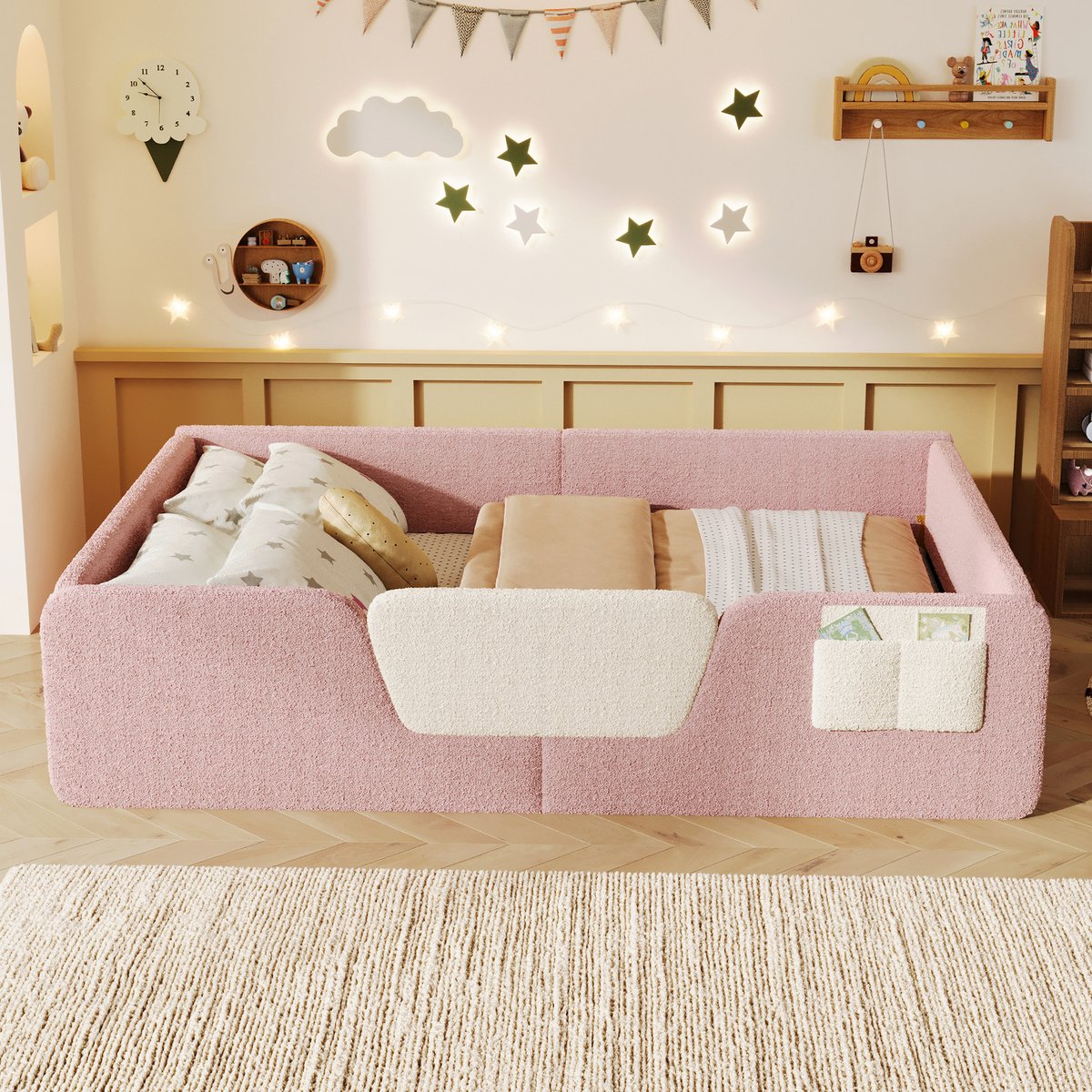 AURA LUMEN Gestoffeerd bed Twijfelaarbed 140 x 190 cm met afneembare veiligheidsgitter en geïntegreerde stoftas Pink Roze