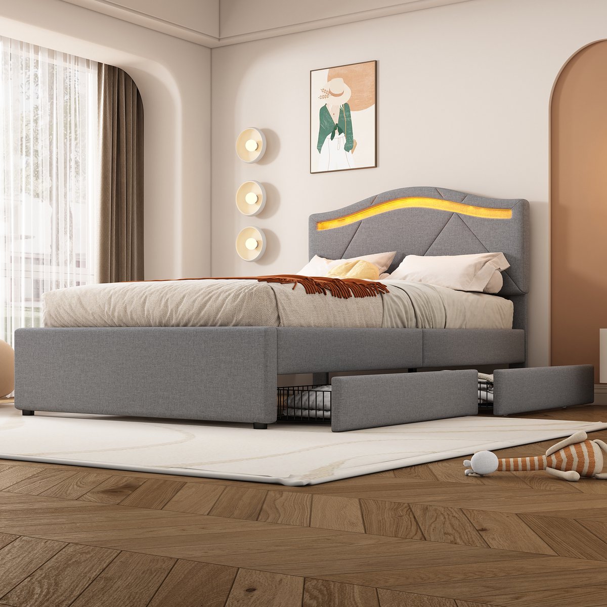 AURA LUMEN Gestoffeerd bed-Eenpersoonsbed-90 x 200 cm-Bed met lades-Bed met LED en USB-Grijs-Zonder matras