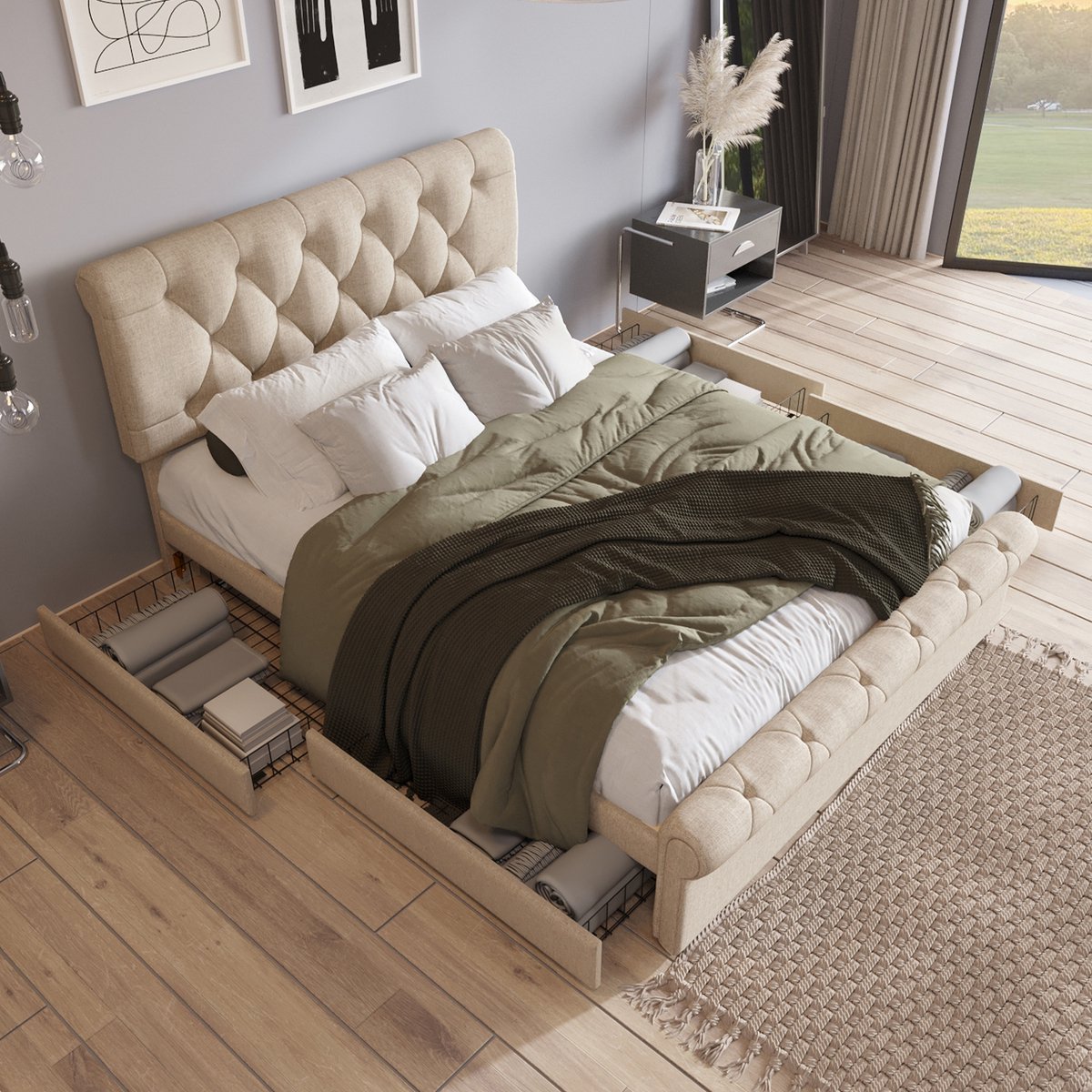 AURA LUMEN Gestoffeerd bed-Twijnfelaarbed-140x200 cm-Bed met opbergruimte-Bed met hoogteverstelbaar hoofdbord-Natural Natuurlijk