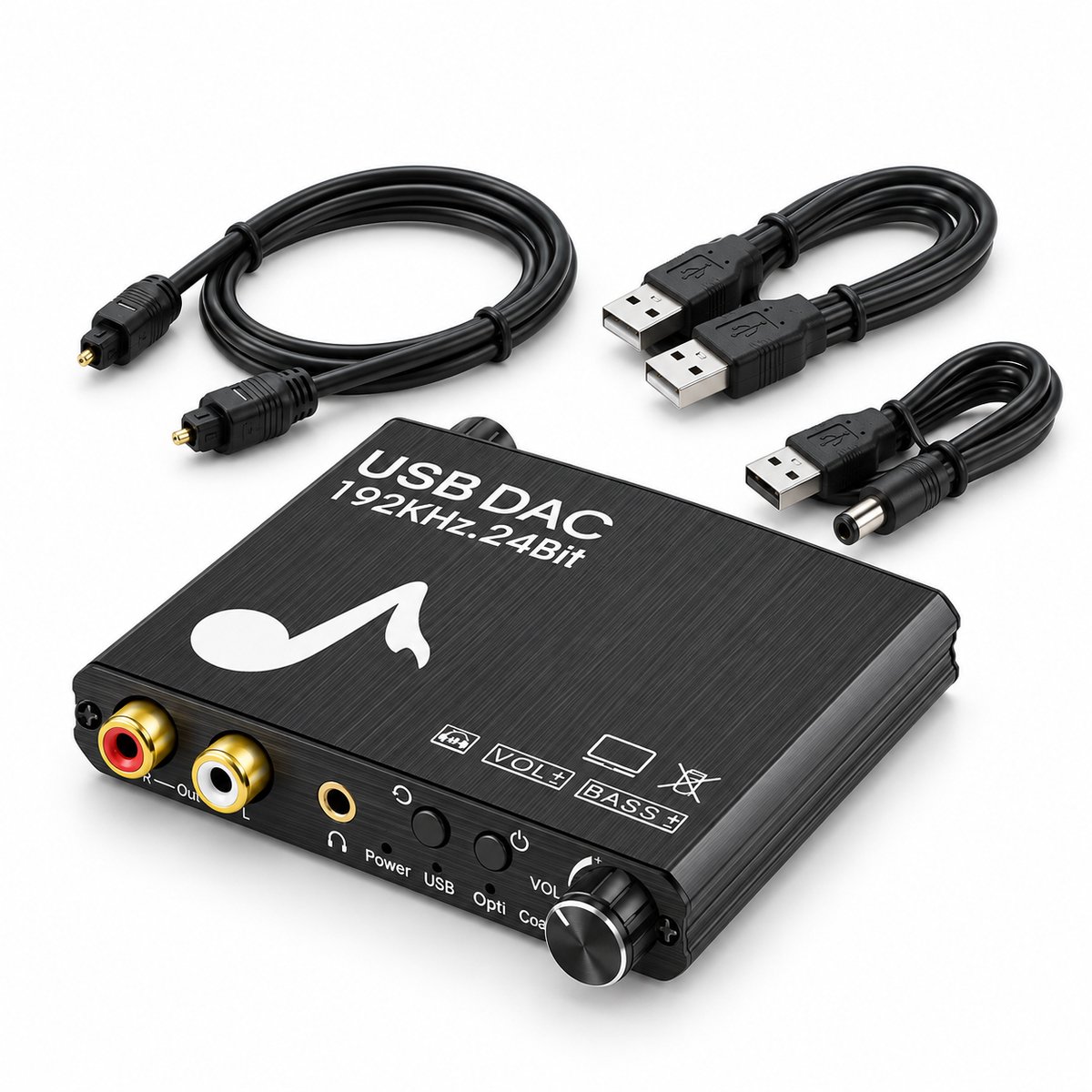 DrPhone DACMaster – USB DAC 192kHz 24-bit – Optisch en Coaxiaal naar RCA en 3,5mm – Volume- en Basregeling – Zwart