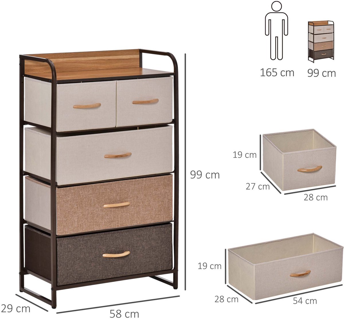 Commode- opbergmeubel met 5 opklapbare stoffen laden- 58 x 29 x 99 cm- meerkleurig