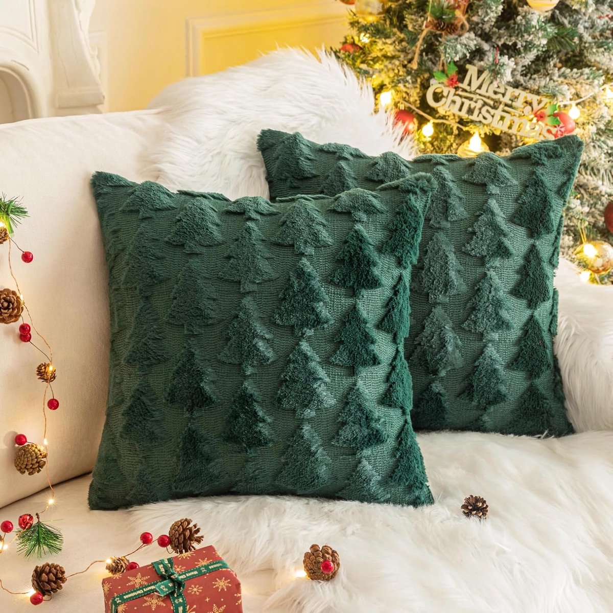 2 Stuks Witte Kerstboom Kussenslopen 45x45 cm - Zachte Nepbont Winterdecoratie - Feestelijke Sierkussens Voor Bank en Woonkamer