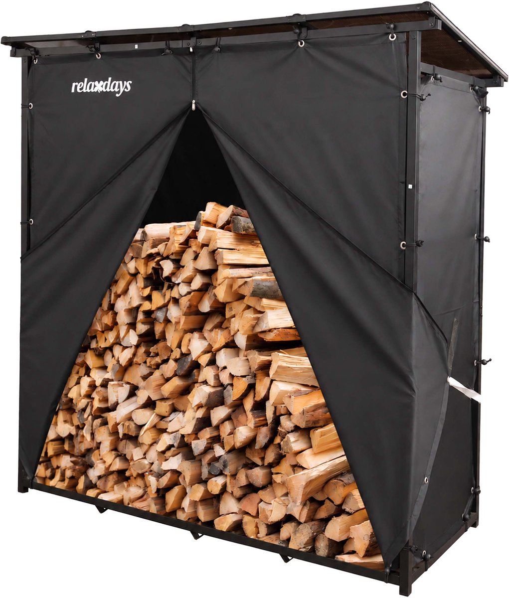 Houtopslag buiten - 185 x 185 x 70 cm - met dak en hoes - zwart