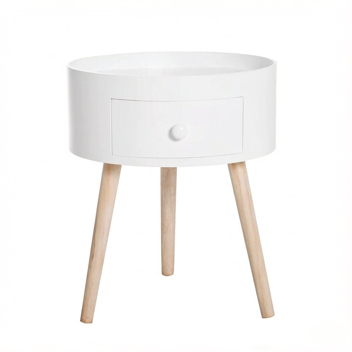 Ropilly Rond Nachtkastje met Lade - Witte Bijzettafel met Opbergruimte - MDF en Massief Hout - Scandinavisch Design - Woonkamer & Slaapkamer - 38x38x45 cm Wit, hout