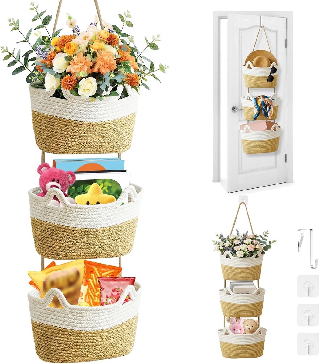 Decoratieve Wandmanden van Katoen - 3 Laags Hangende Mandjes met Knopriem voor Kinderkamer, Badkamer en Organisatie