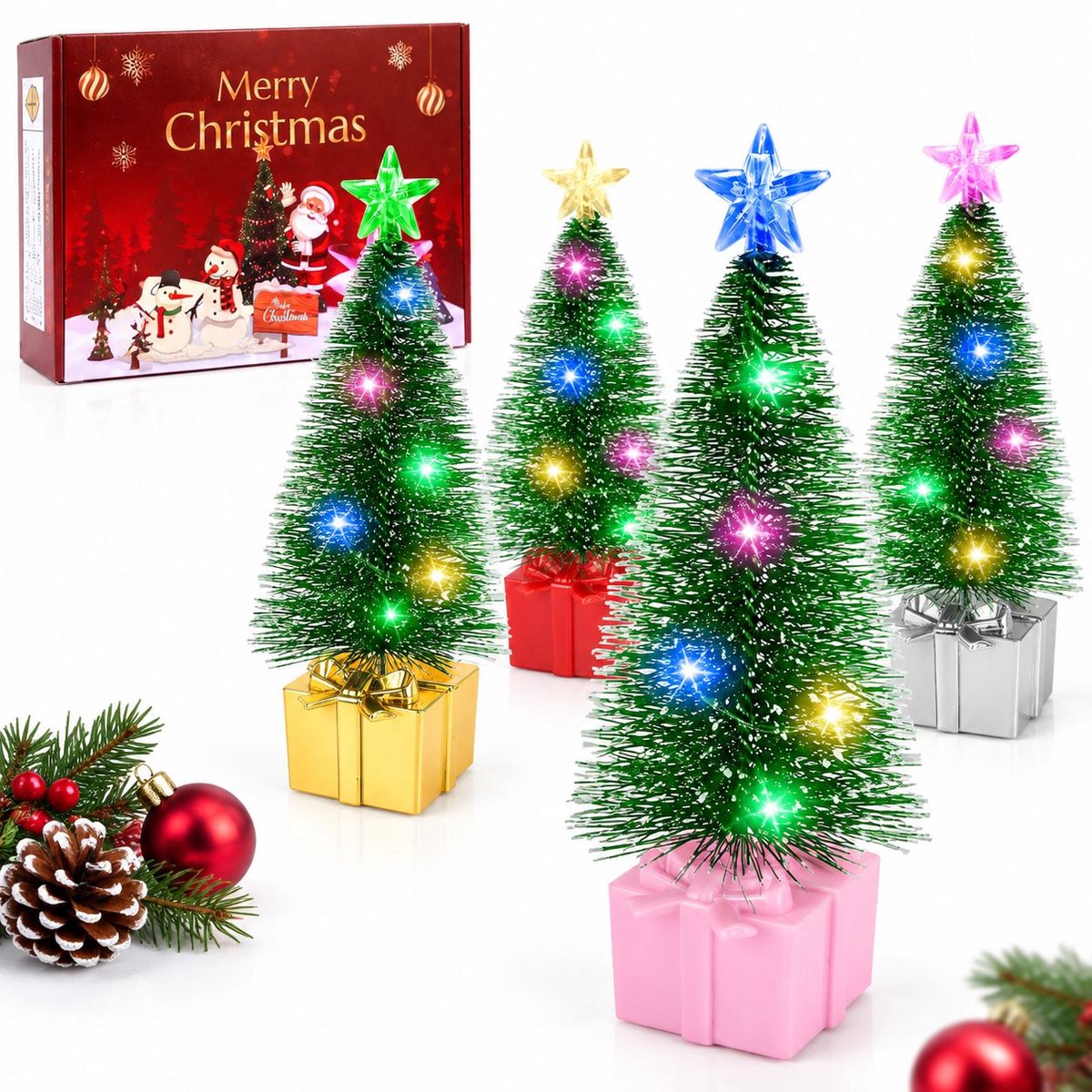 VHV - LED mini kerstbomen - 4 stuks - 16,5 cm miniatuur - Mini kerstboom - Kerstversiering - Kerstdecoratie voor binnen - Kerst cadeau - in de keuken