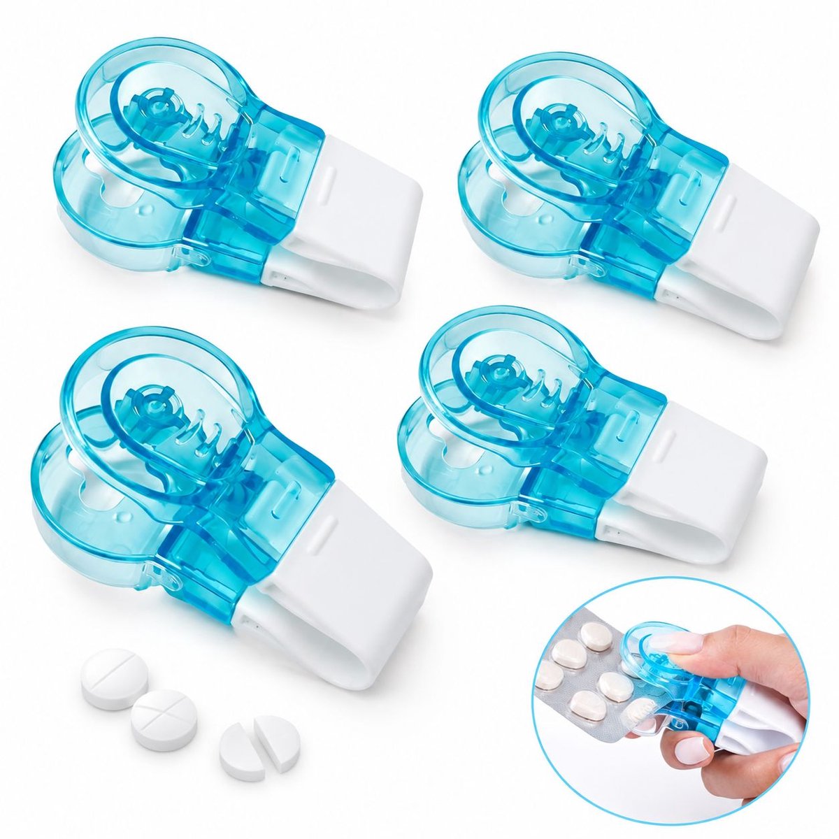 VHV - Pillensnijder bewaardoosje - 4 stuks - Blauw - Splitter - Pill cutter - Draagbare tabletduwer - op kantoor