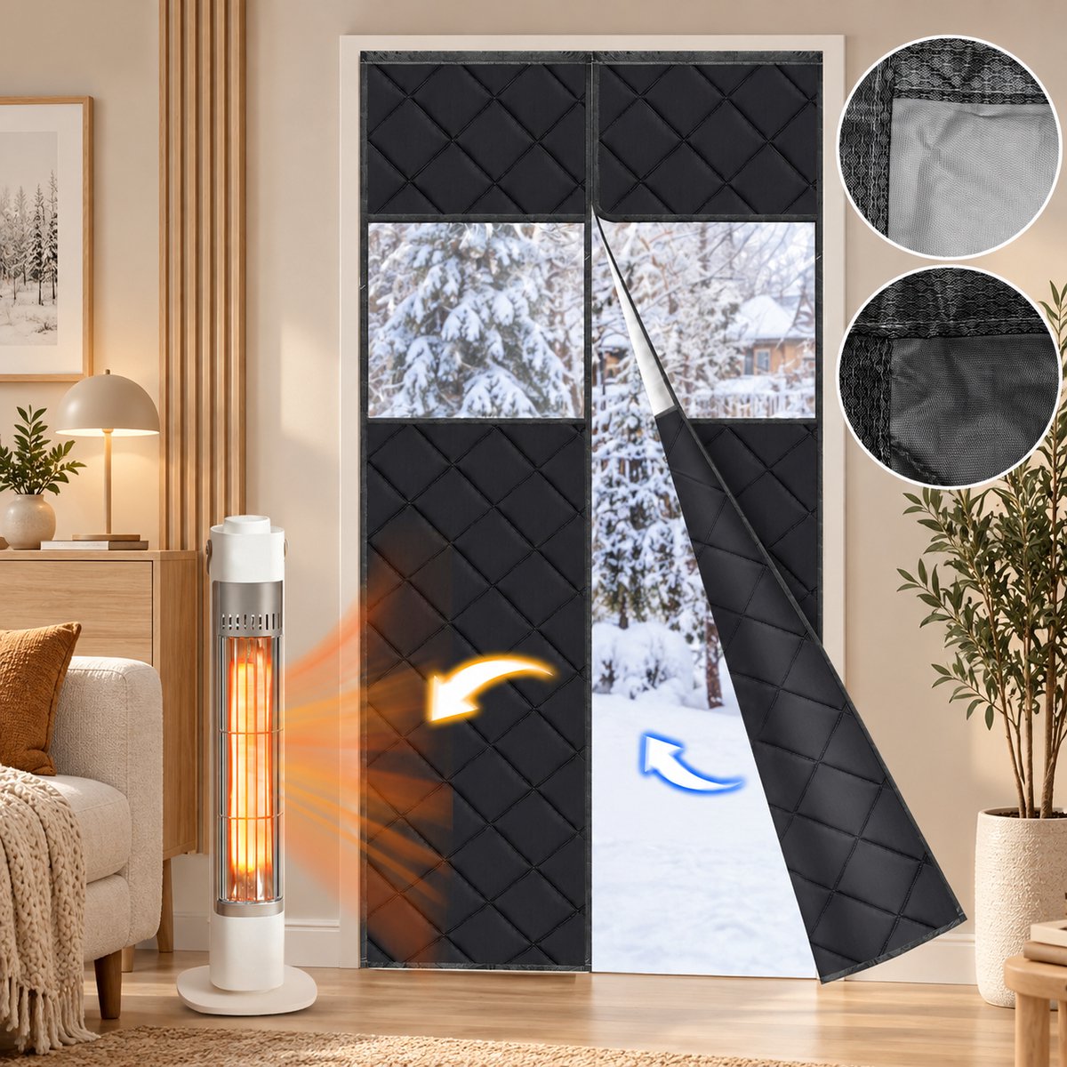 Lapamax Magnetisch Isolerende Gordijnen met Transparant PVC Venster - 420GSM Gewatteerd Isolerend Deurgordijn - Zelfsluitend, Zonder Boren - Gordijnen tegen kou voor Voordeur en Garage - Zwart - 90 x 210 cm (B x H) - 1 Stuk