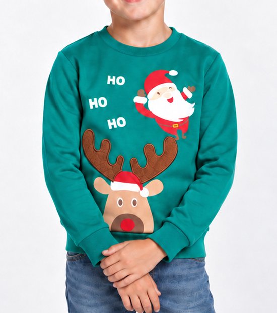 Groene trui met opdruk van lachende kerstman en rendier. Tekst: HO HO HO.