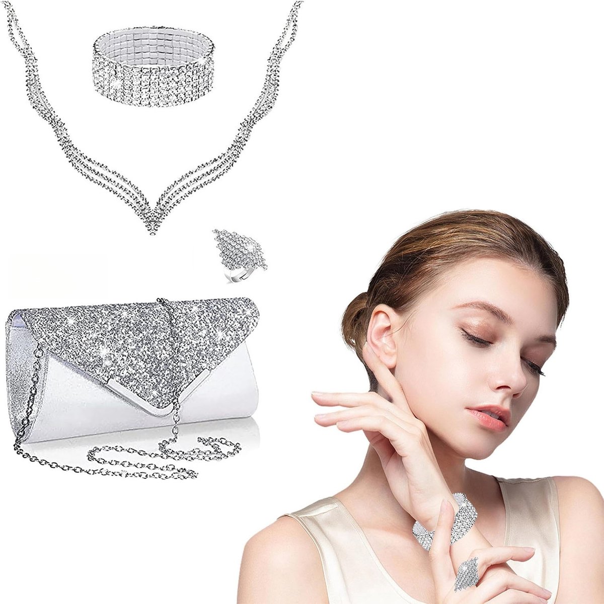 4-delige Sieradenset Dames | Zilverkleurig Strass | Compleet met Avondtas Clutch, Ketting, Armband & Ring | Voor Bruiloft, Gala & Feest | Cadeau Set