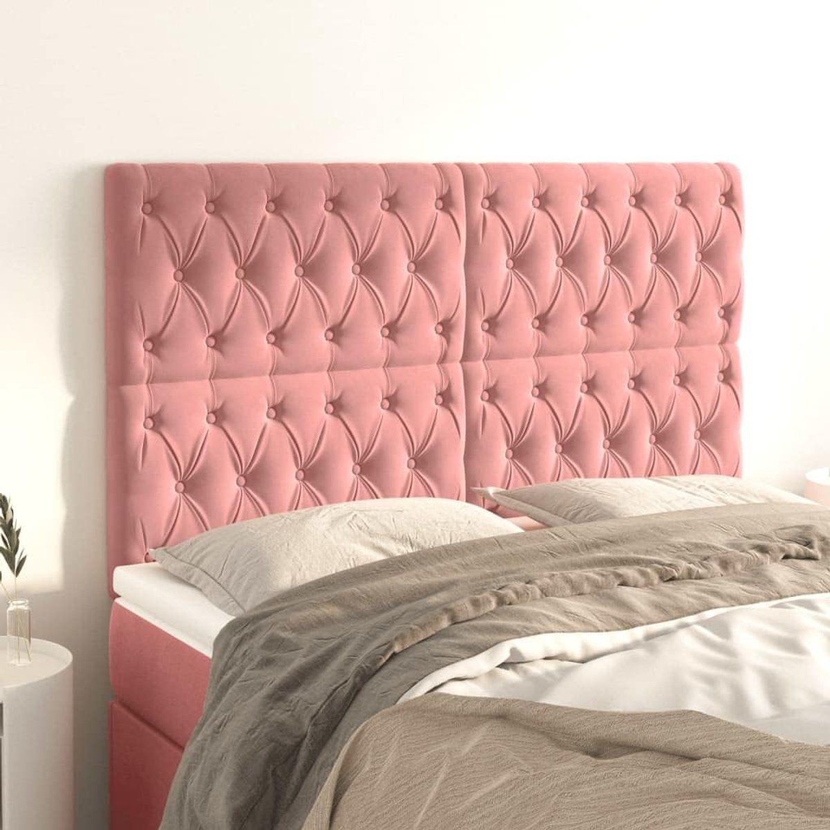 Hoofdeinde roze fluweel 144 x 7 x 118 / 128 cm verstelbaar bed, houten poten, zacht velours, rugsteun, eenvoudige montage